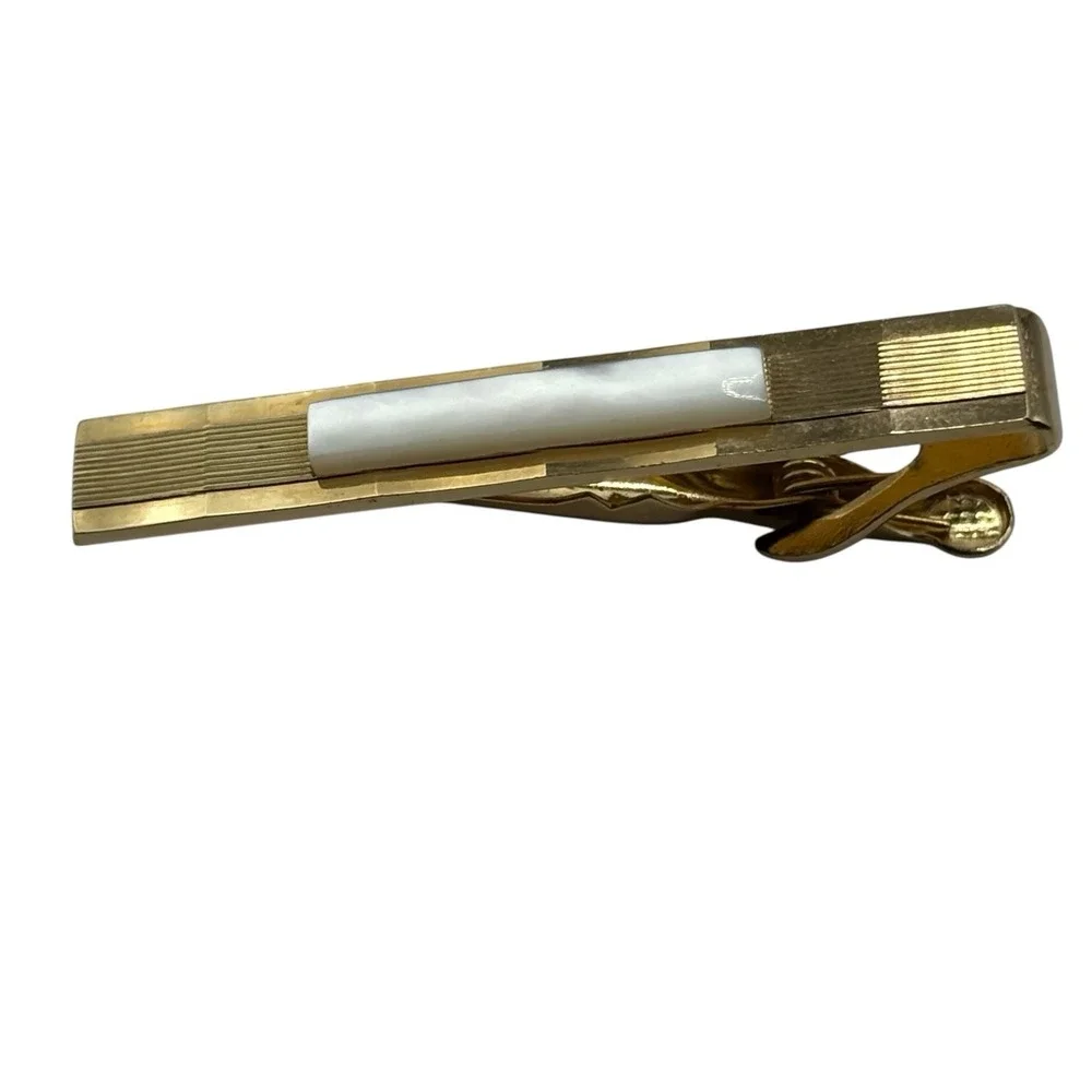 Vintage Swank Cufflinks Tie Bar Set Gold Tone‎ Metal Mother Of Pearl Rectangle